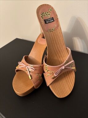 Stuart Weitzman Pink Floral Wood-Platform Mules with Bow